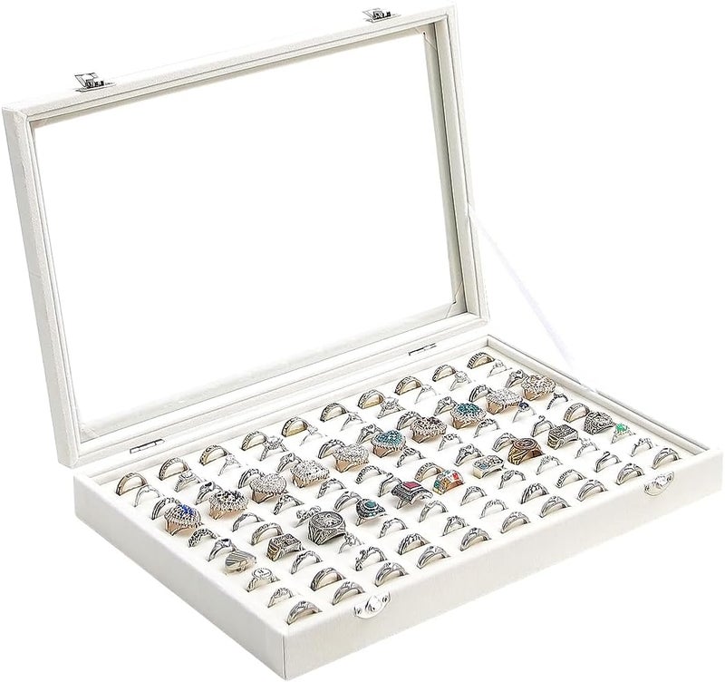 Adugay Ring Display Case, Jewelry Organizer Box, Earring Holder for Girls, Velvet Display Tray (Beige, 100 Slots) - Image 1